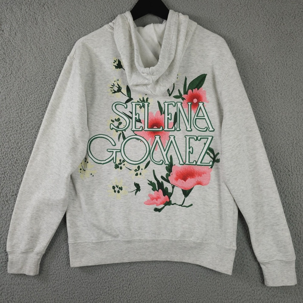 Selena Gomez Hoodie Womens Large Heather Gray Full Zip Floral Hooded Jacket
